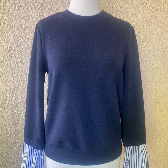 Nordstrom Signature Navy Blue Sweater With White and Blue Striped Bell Sleeve XS - Picture 1 of 12
